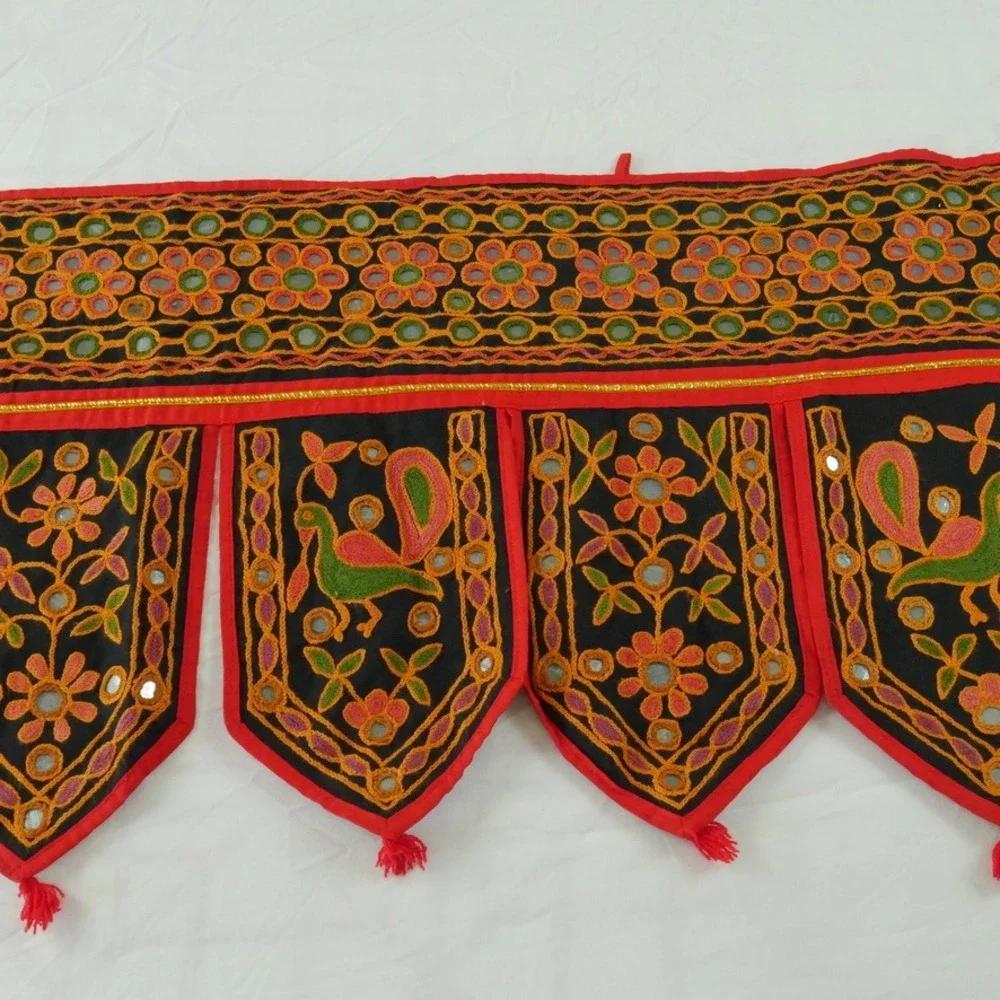 Vintage Indian Toran Door Hanging Shisha Mirror Peacock Embroidery Whimsical